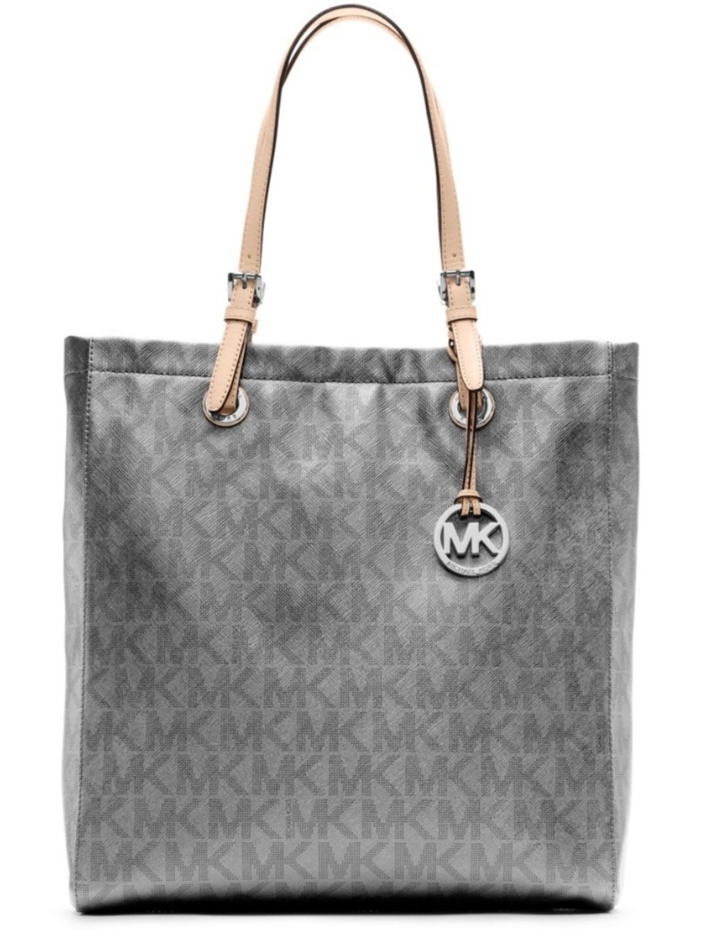 Michael Kors Signature Metallic Silver Large MK Logo Handbag Tote Bag
